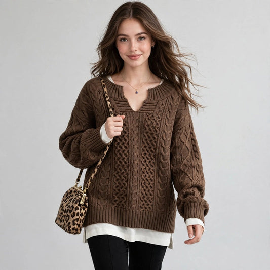 Model in brown cable-knit V-neck dropped-shoulder sweater layered over white shirt, leopard handbag, front studio view.