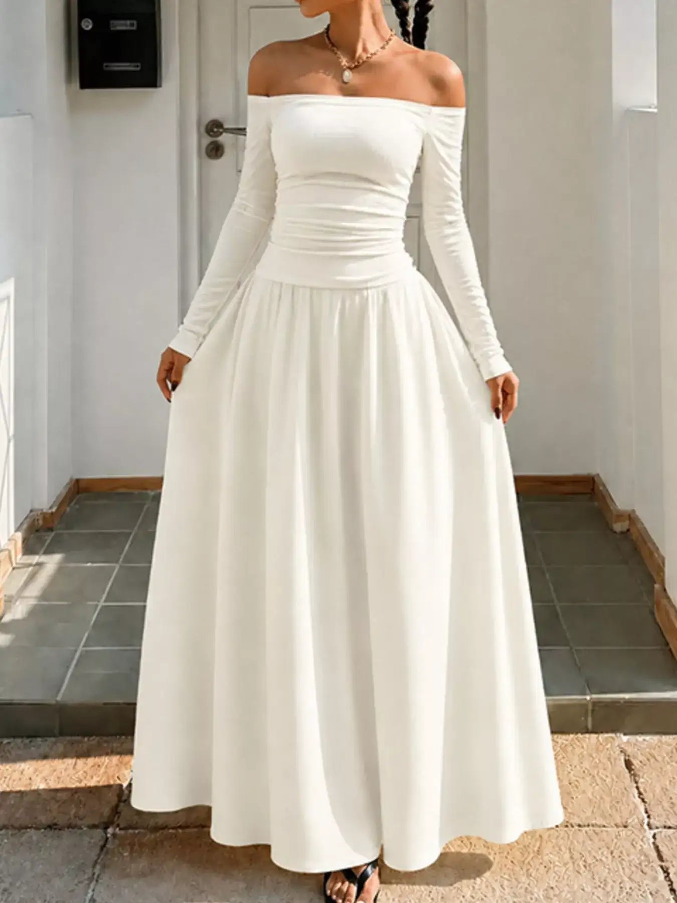 Off-the-Shoulder Ruched Maxi Dress – Full Length View
