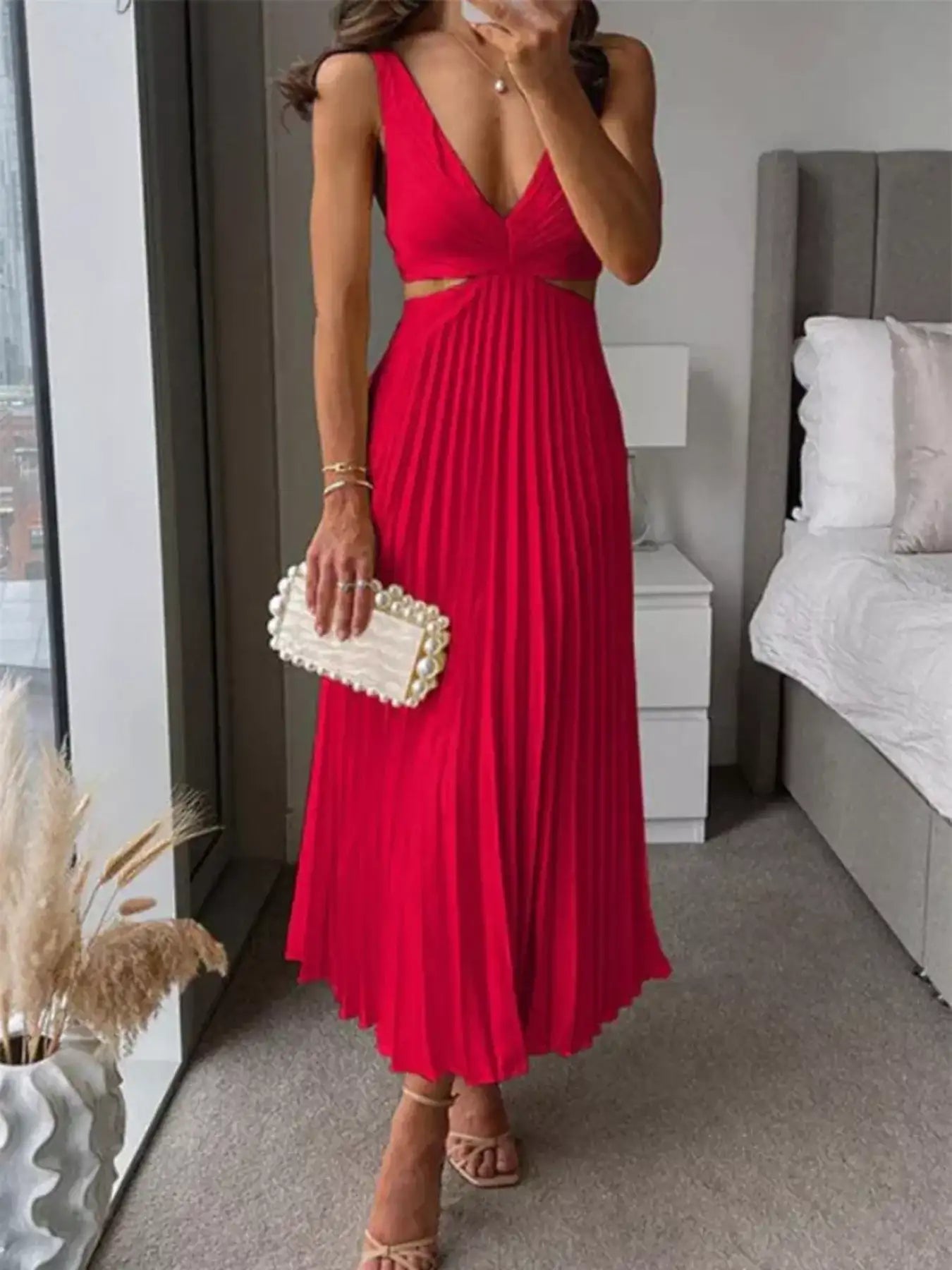 Pleated Midi Dress with Cut-out Details – Color Option