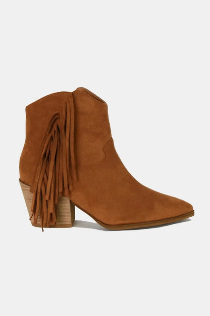 Suede Fringe Point Toe Ankle Boots – Side View | Celina Studio