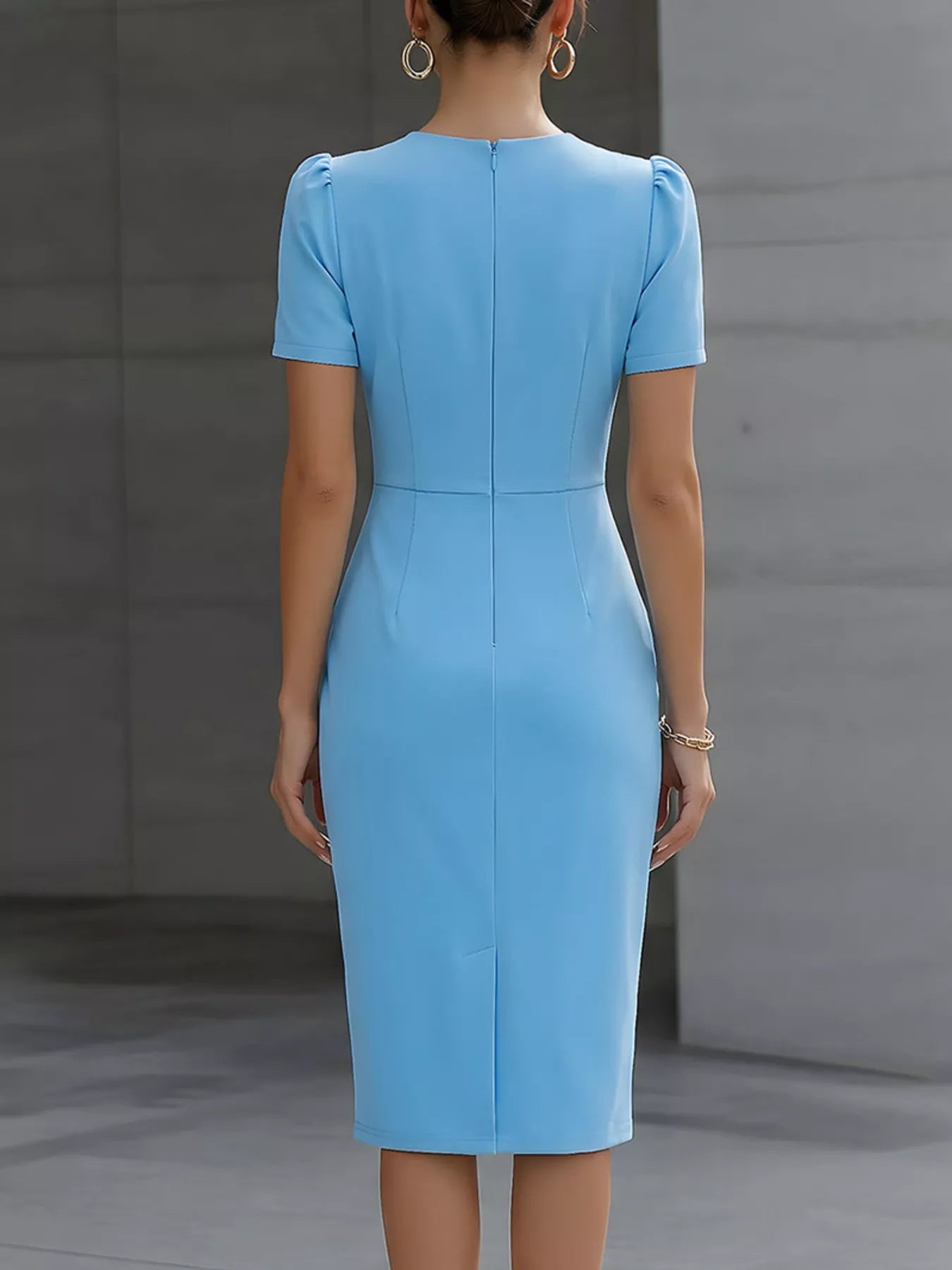 Ruched Short-Sleeve Midi Dress – Blue Color Option | Celina Studio