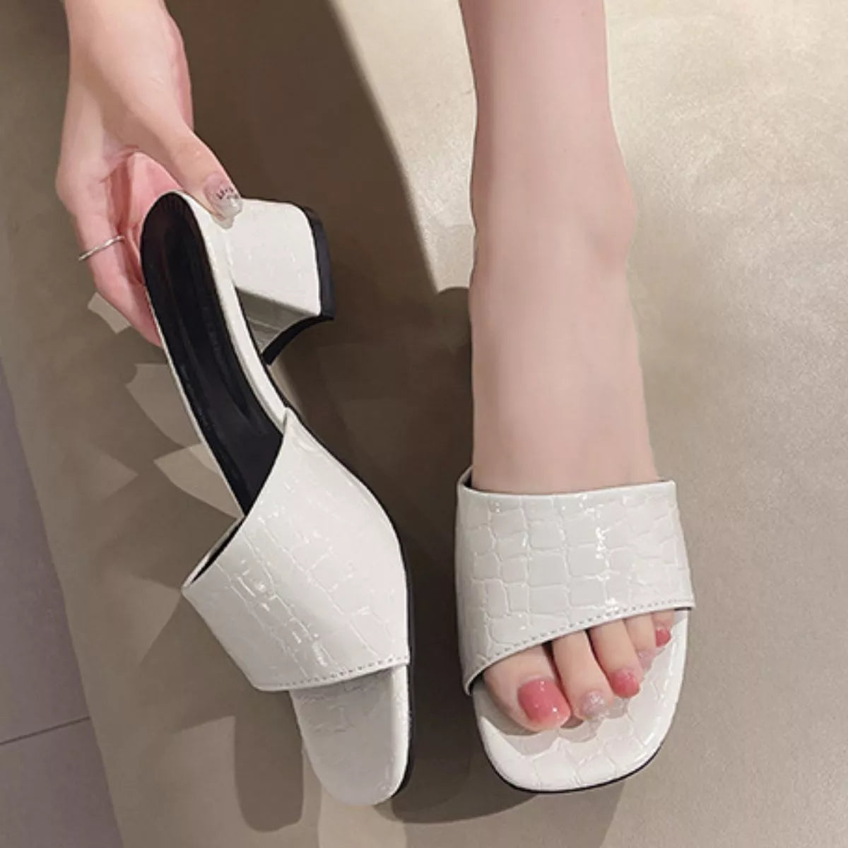 White Open-Toe Mid-Heel Block Sandals – Side View | Celina Studio