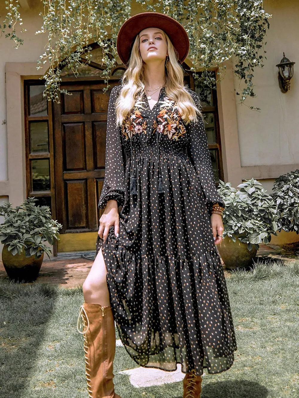 Embroidered Polka Dot Tie Neck Long Sleeve Midi Dress – Front View | Celina Studio