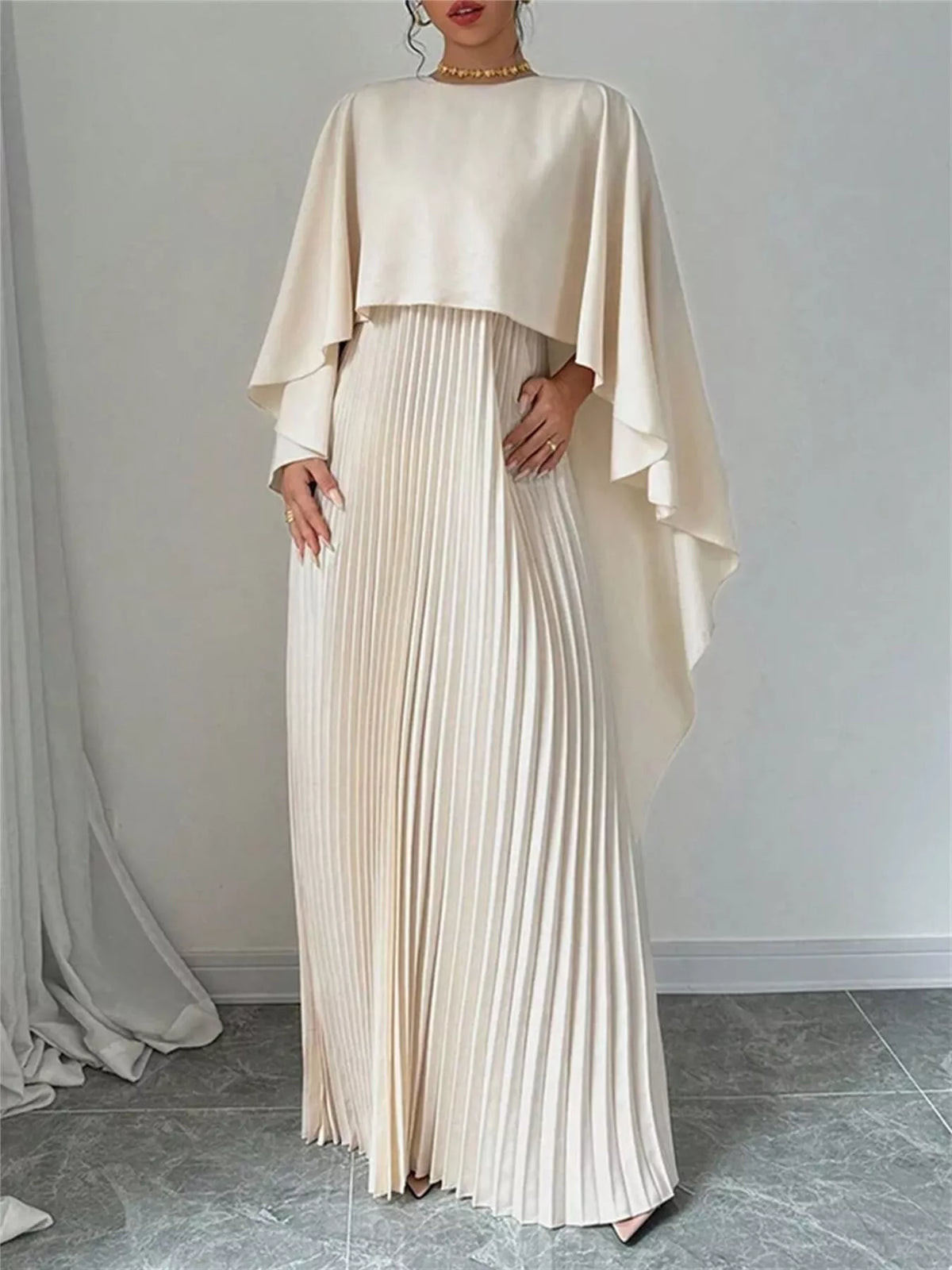 Pleated Cape Maxi Dress – Side View | Celina Studio