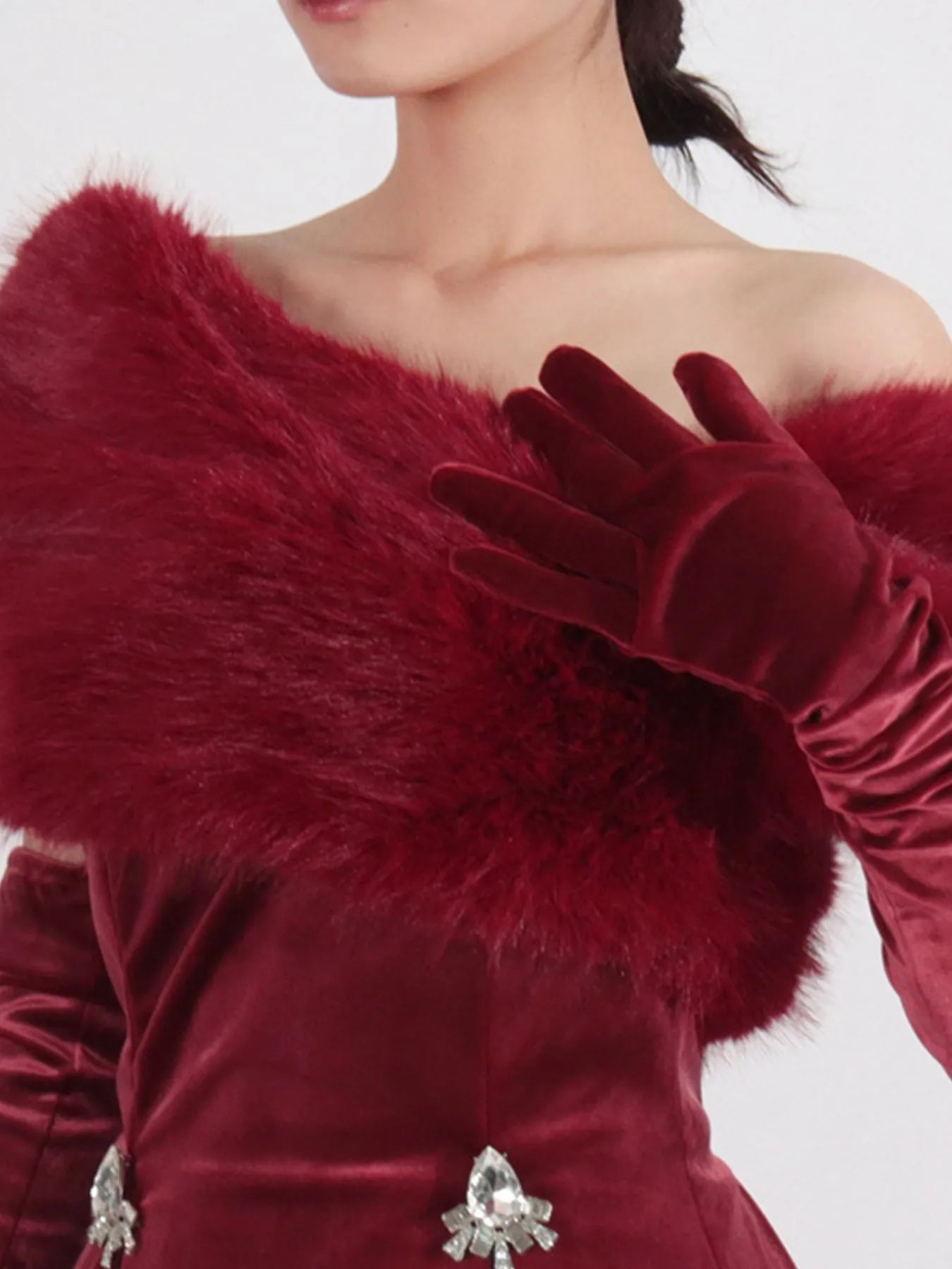 Red Fuzzy Off-Shoulder Mini Dress – Full Length View | Celina Studio