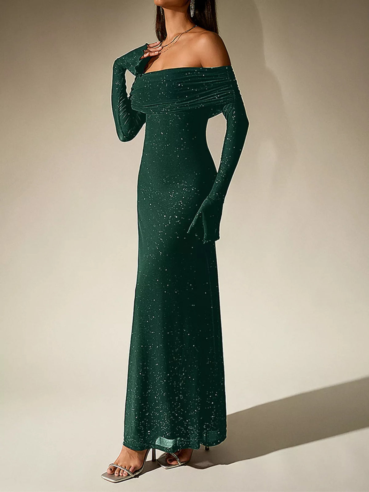 Glitter Off-Shoulder Maxi Dress – Full Length View