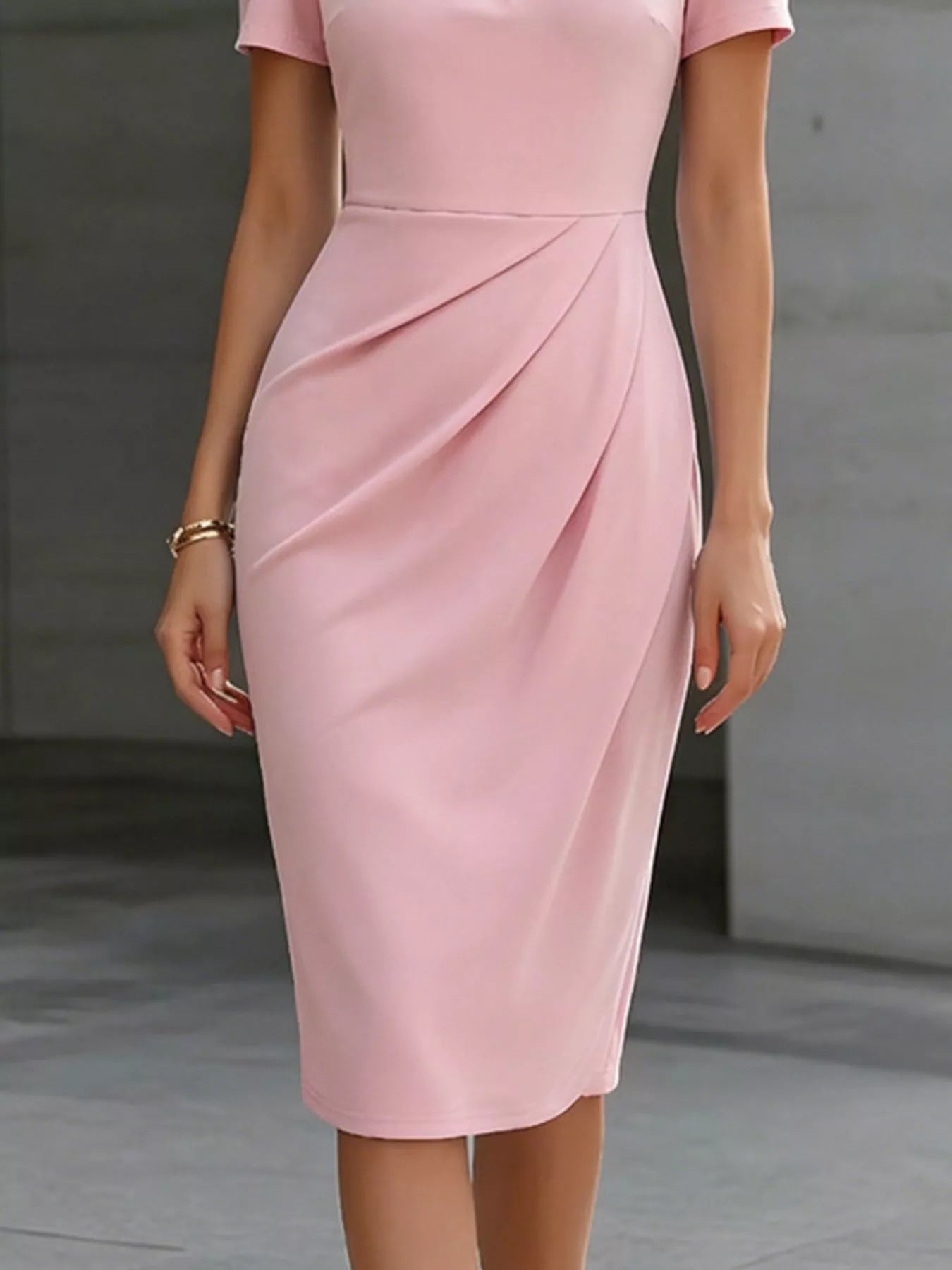 Ruched Short-Sleeve Midi Dress – Back View | Celina Studio
