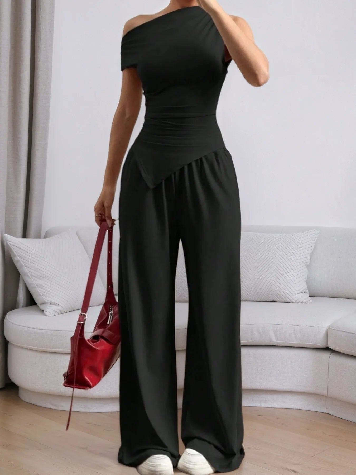 Single Shoulder Top and Pants Set – Front View | Celina Studio