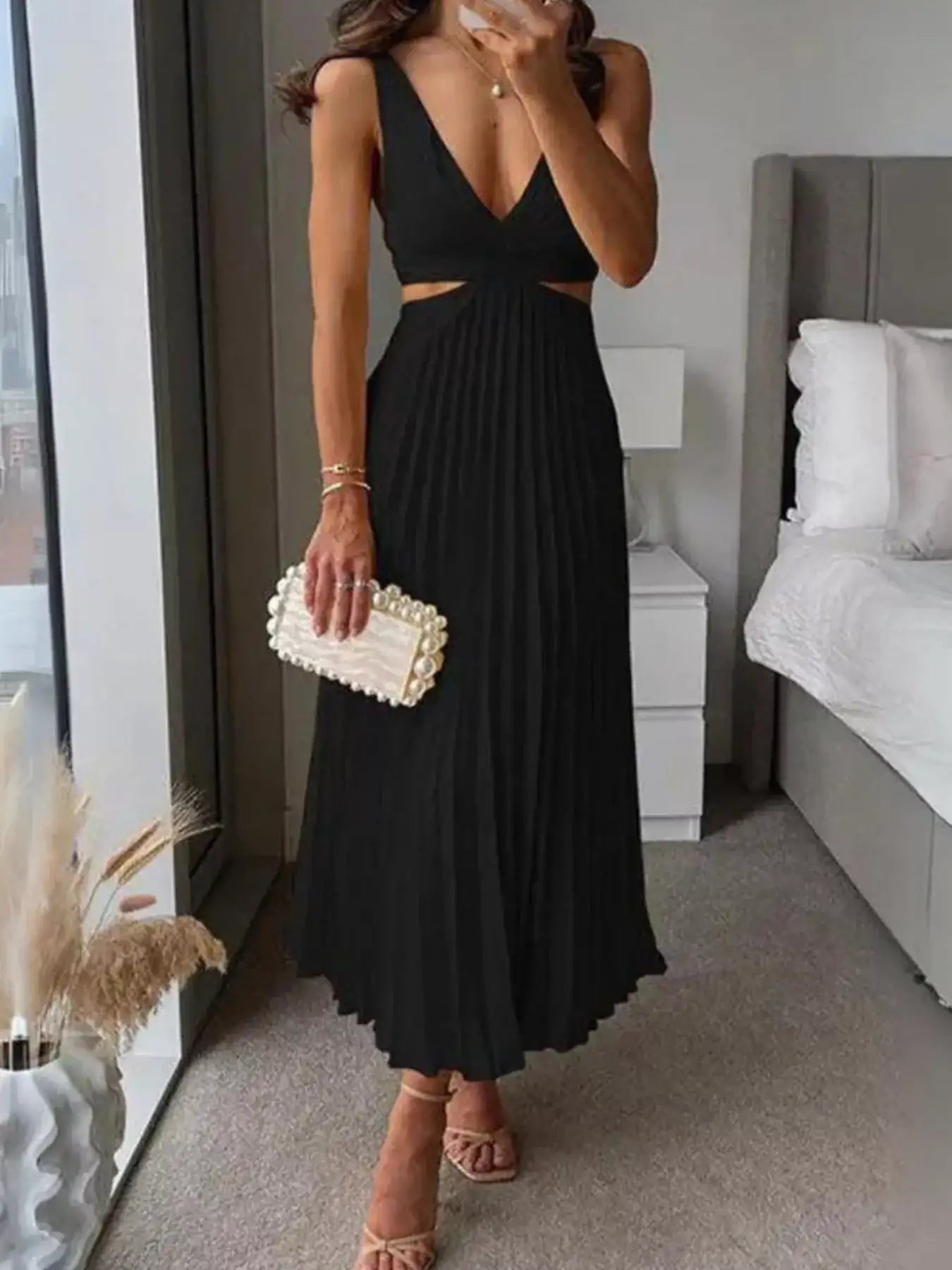 Pleated Midi Dress with Cut-out Details – Cut-out Detail