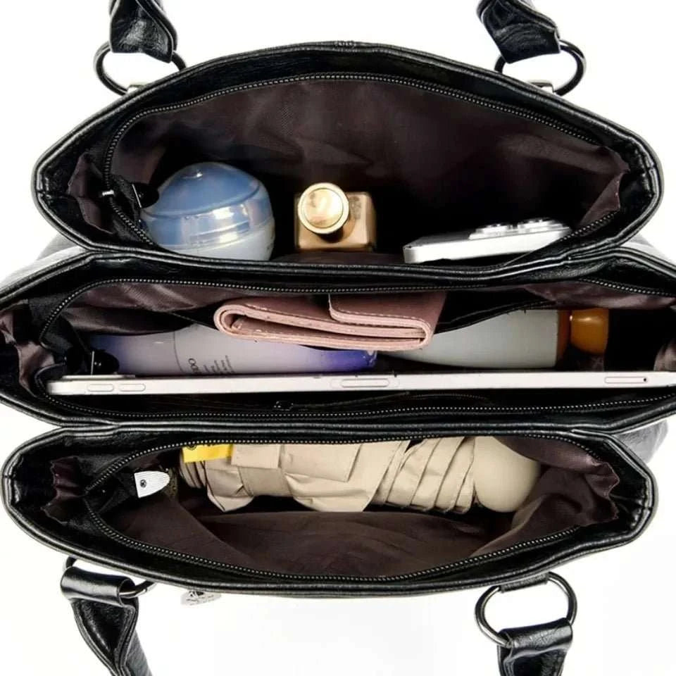 Genuine Leather 3-Layer Crossbody Shoulder Bag - Celina Studio