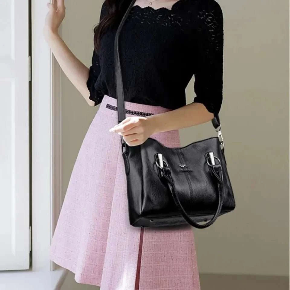 Genuine Leather 3-Layer Crossbody Shoulder Bag - Celina Studio