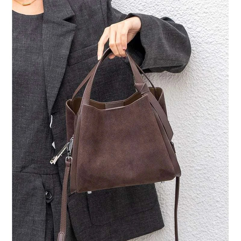 Genuine Leather Suede Bucket Top Handle Bag - Celina Studio