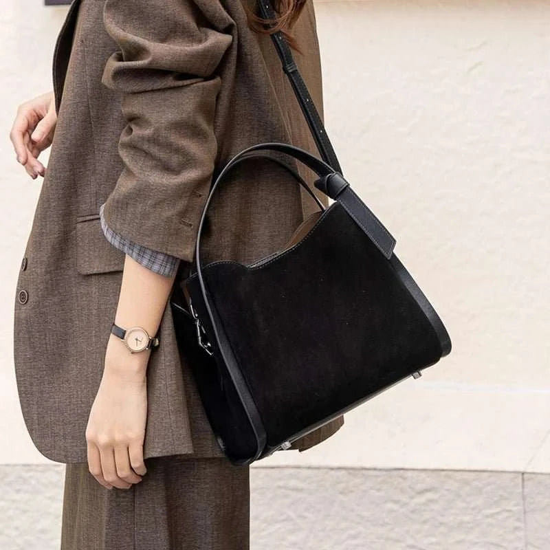 Genuine Leather Suede Bucket Top Handle Bag - Celina Studio