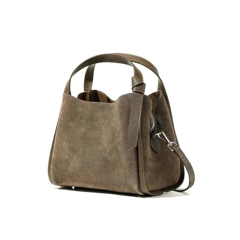 Genuine Leather Suede Bucket Top Handle Bag - Celina Studio