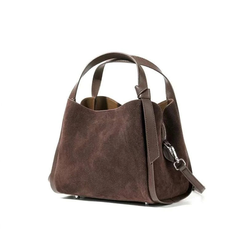 Genuine Leather Suede Bucket Top Handle Bag - Celina Studio