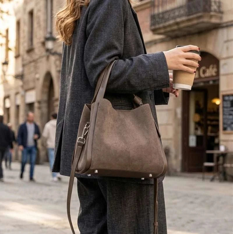 Genuine Leather Suede Bucket Top Handle Bag - Celina Studio