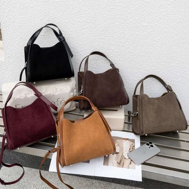Genuine Leather Suede Bucket Top Handle Bag - Celina Studio
