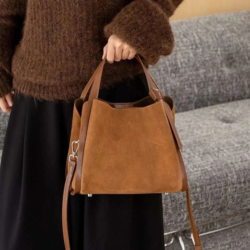 Genuine Leather Suede Bucket Top Handle Bag - Celina Studio