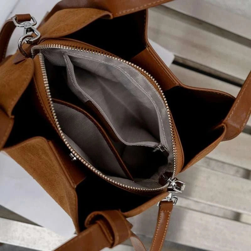 Genuine Leather Suede Bucket Top Handle Bag - Celina Studio