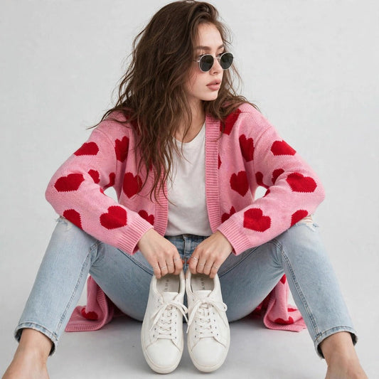 Model sitting on the floor in a pink heart-print cardigan with sunglasses, white sneakers, and ripped jeans, gray background.