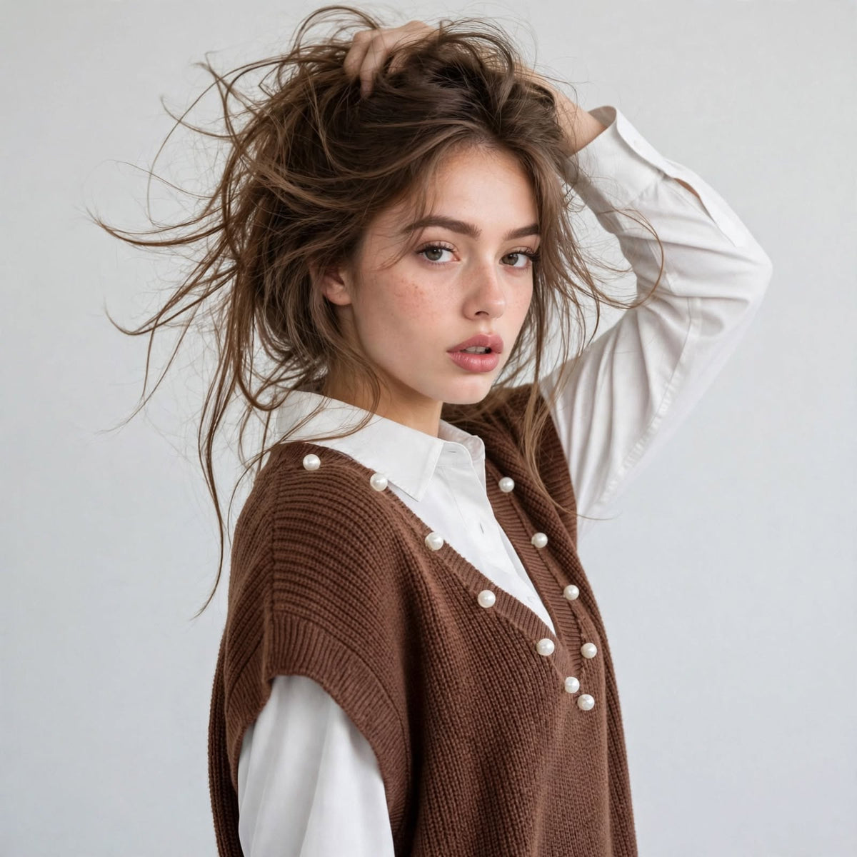 Close-up of a woman with a hand in her hair wearing a brown V-neck knit vest with pearl embellishments over a white shirt.