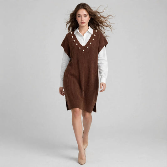 Woman walking in a brown sleeveless V-neck sweater dress with pearl embellishments, worn over a white shirt, gray background.