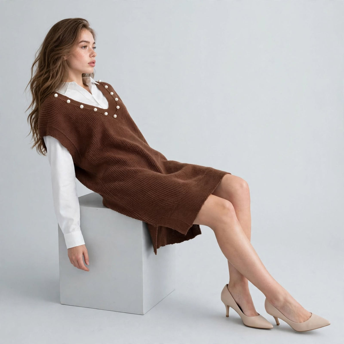 Woman seated on a cube in a brown V-neck sweater dress with pearl trim over a white shirt and beige heels, gray background.