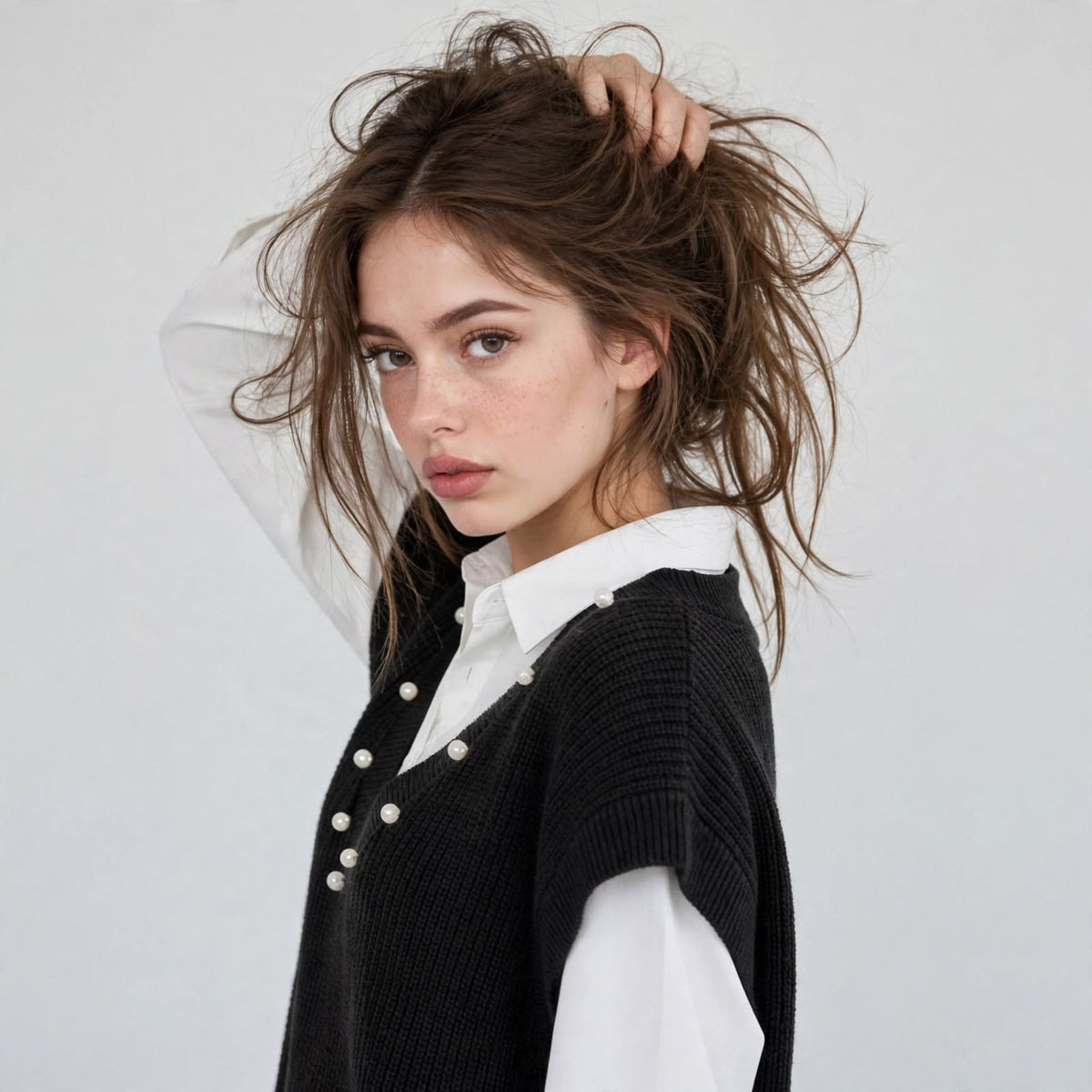 Close-up of a woman with a hand in her hair wearing a black V-neck knit vest with pearl embellishments over a white shirt.