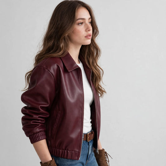 3/4 view of woman in burgundy faux leather zip-up jacket, shirt collar, ribbed cuffs, white top, jeans, grey backdrop.