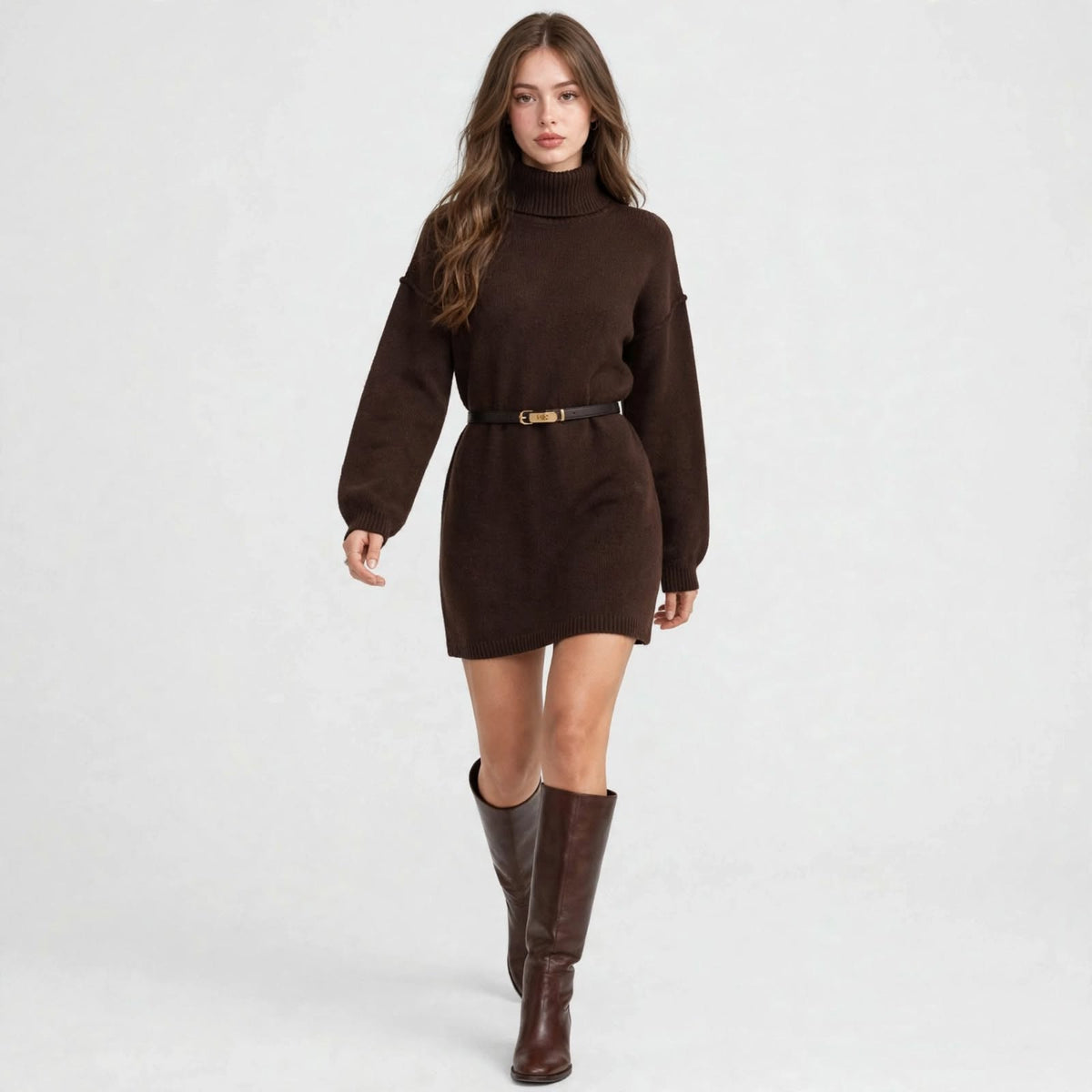 Woman walking in a brown turtleneck sweater dress with gold-buckle belt and brown boots, front view, gray background.