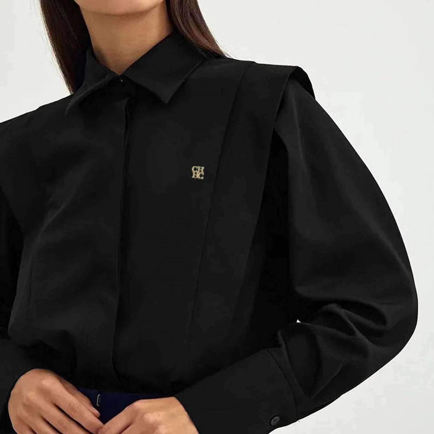 Logo Embroidered Long Sleeve Office Blouse - Celina Studio