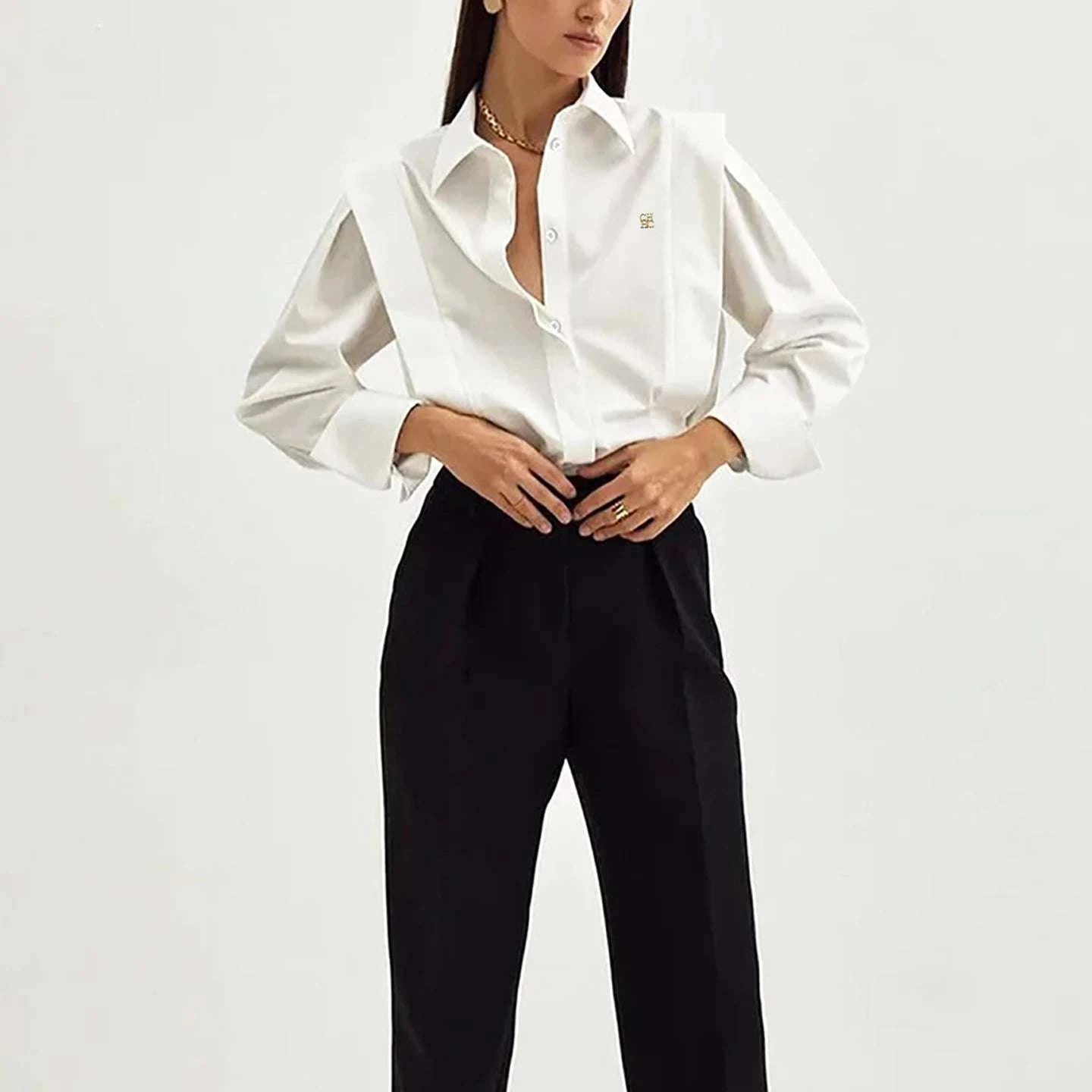 Logo Embroidered Long Sleeve Office Blouse - Celina Studio