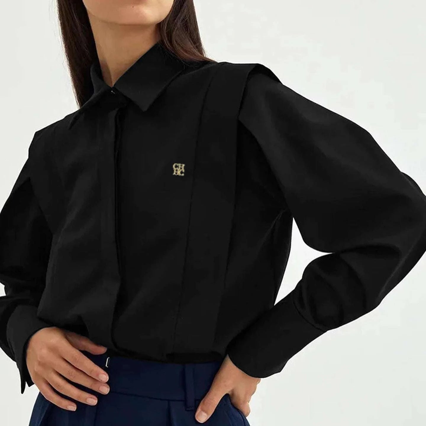 Logo Embroidered Long Sleeve Office Blouse - Celina Studio