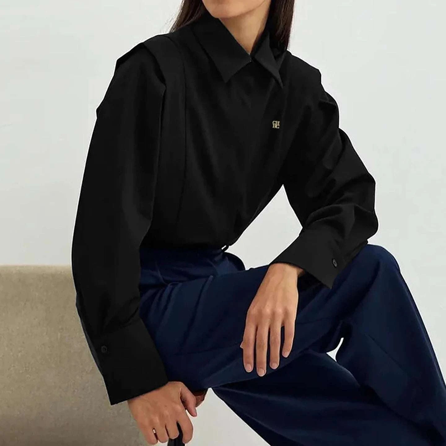 Logo Embroidered Long Sleeve Office Blouse - Celina Studio