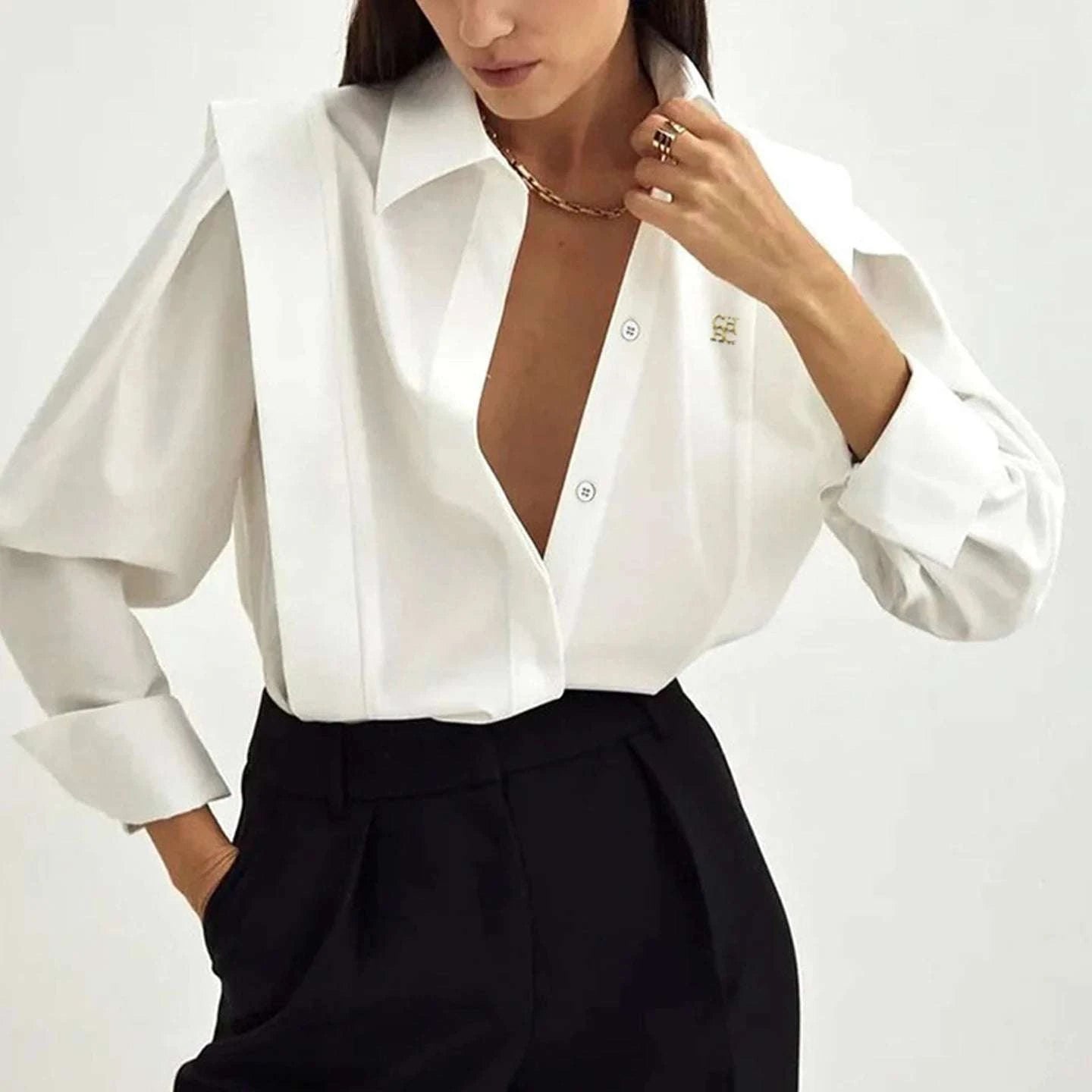Logo Embroidered Long Sleeve Office Blouse - Celina Studio