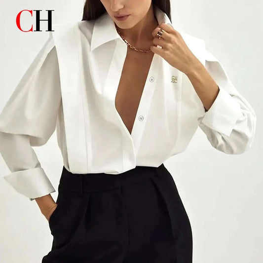 Logo Embroidered Long Sleeve Office Blouse - Celina Studio