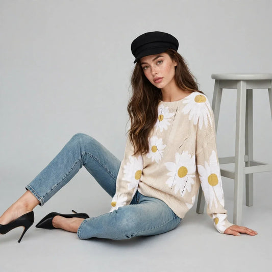 Model sitting on the floor in a cream daisy-print sweater, black cap and jeans with black heels, grey studio background