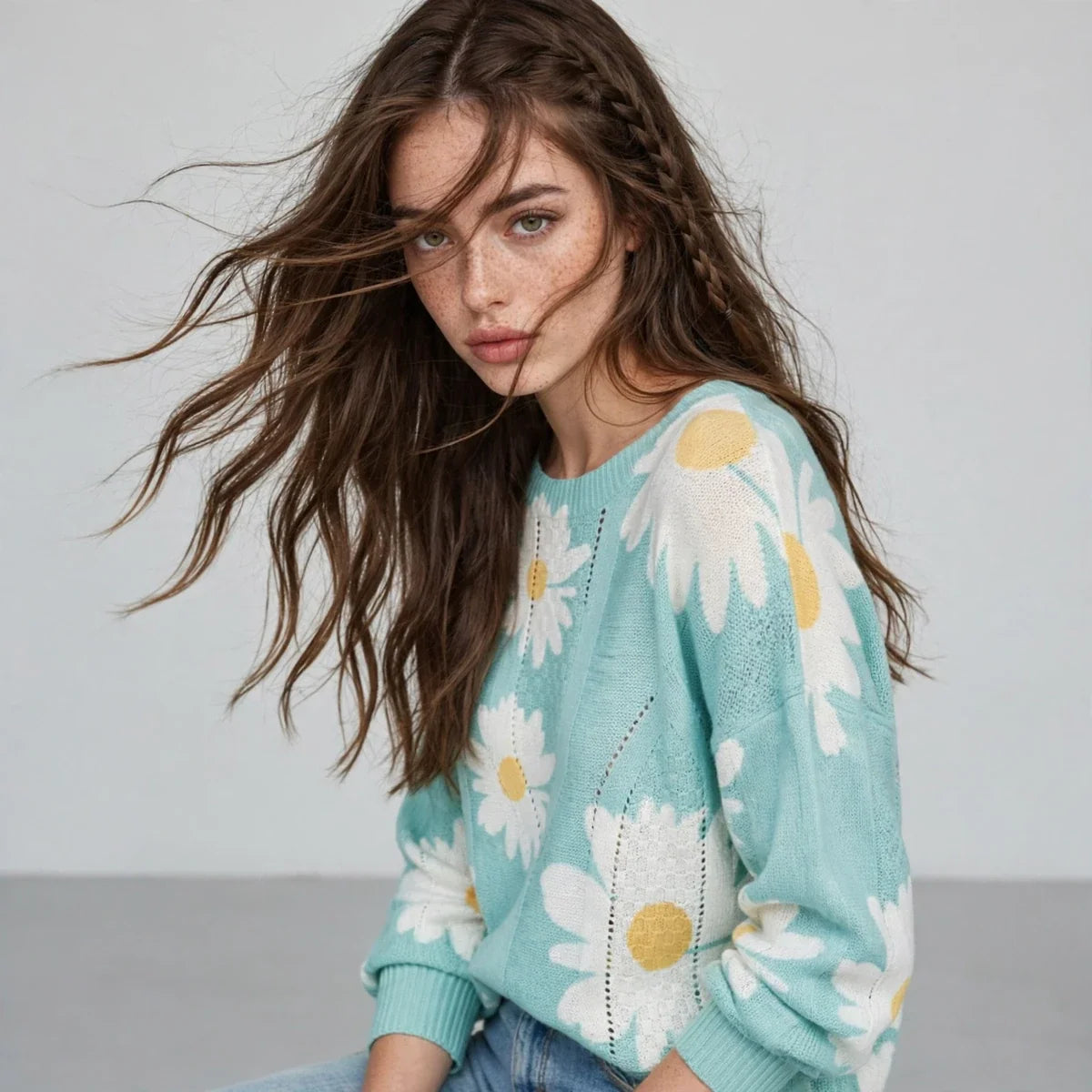 Close-up of a model with windblown hair wearing a mint green daisy-print knit sweater, upper-body view on grey background