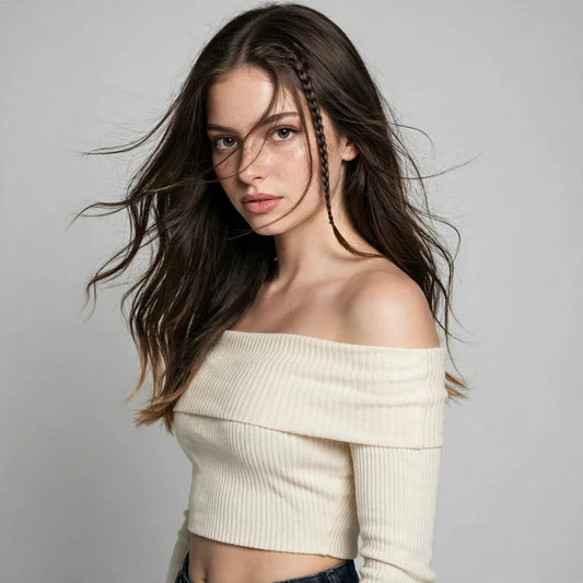 Close-up of a cream off-shoulder ribbed knit sweater with folded neckline, model with windswept hair, gray studio background.