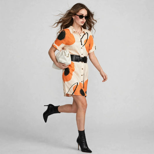 Woman mid-stride wearing an orange and black abstract floral button-front shirt dress with sunglasses and black ankle boots.