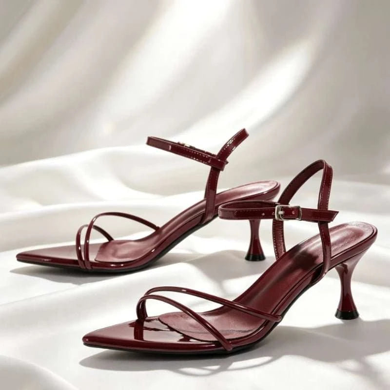Narrow Band Buckle Kitten Heel Open Toe Sandals - Celina Studio