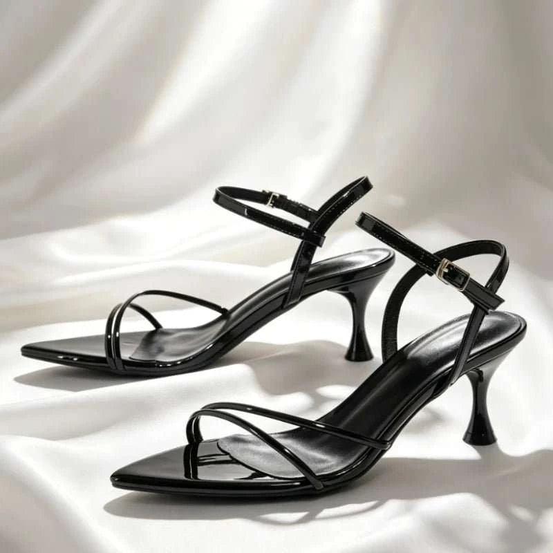 Narrow Band Buckle Kitten Heel Open Toe Sandals - Celina Studio