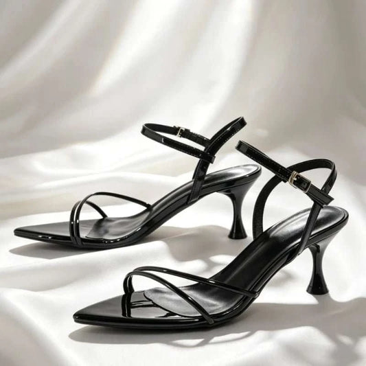 Narrow Band Buckle Kitten Heel Open Toe Sandals - Celina Studio