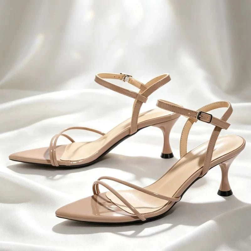 Narrow Band Buckle Kitten Heel Open Toe Sandals - Celina Studio