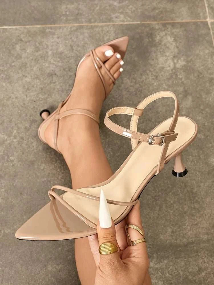 Narrow Band Buckle Kitten Heel Open Toe Sandals - Celina Studio