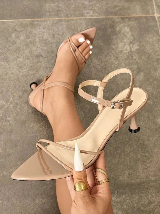 Narrow Band Buckle Kitten Heel Open Toe Sandals - Celina Studio