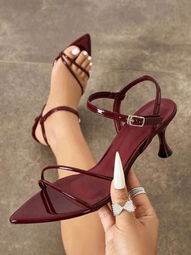 Narrow Band Buckle Kitten Heel Open Toe Sandals - Celina Studio