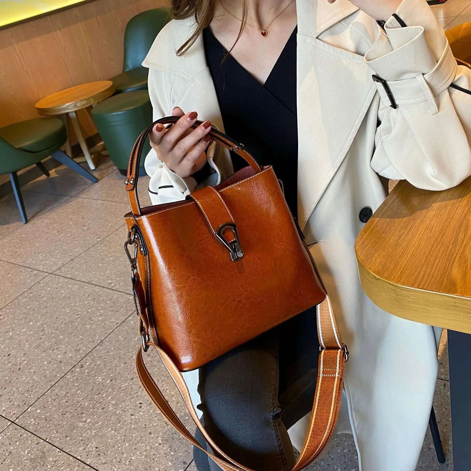 Oil Wax Cowhide Leather Bucket Crossbody Bag - Celina Studio