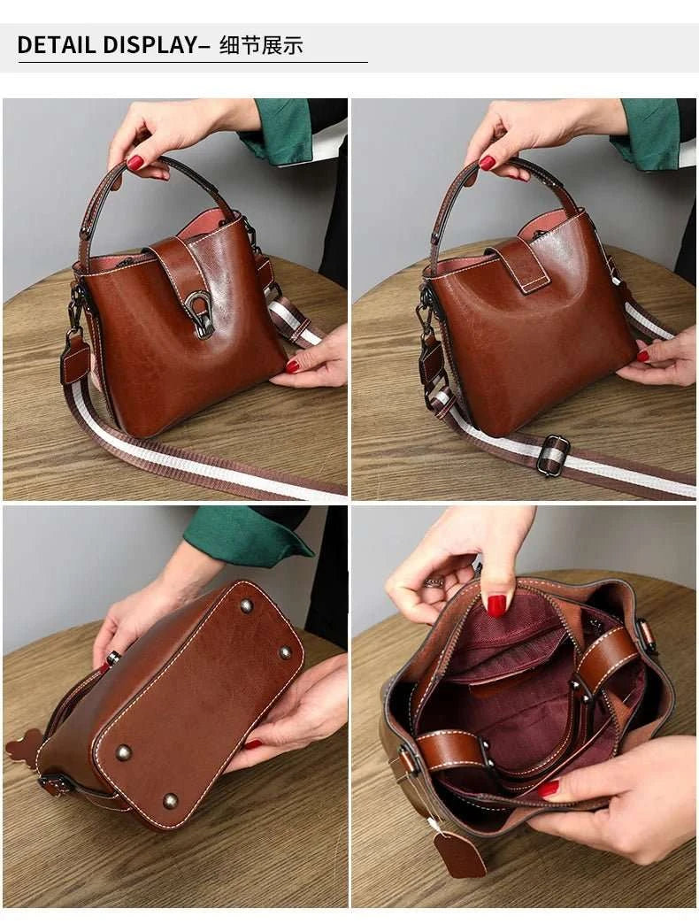 Oil Wax Cowhide Leather Bucket Crossbody Bag - Celina Studio