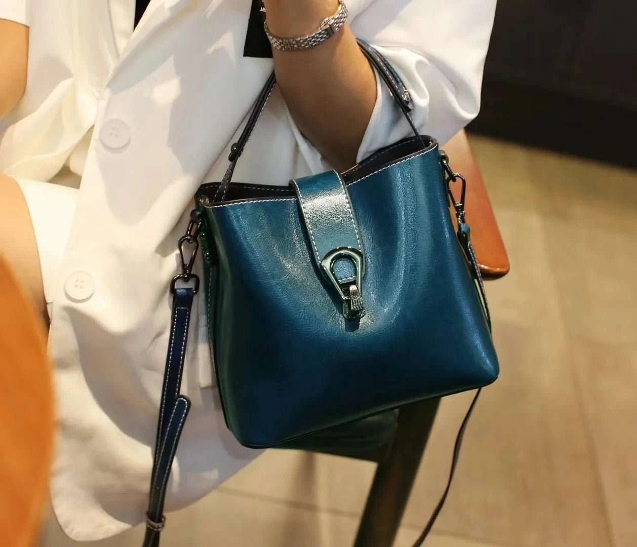 Oil Wax Cowhide Leather Bucket Crossbody Bag - Celina Studio